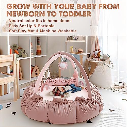 HAN-MM 5-in-1 Convertible Baby Play Gym with 6 Toys, Tummy Time Mat for Sensory Development, Baby Activity Center from Newborn to Toddler, Ball Pit, Cat & Dog Bed, Soft Plush Pet Bed, Pink
