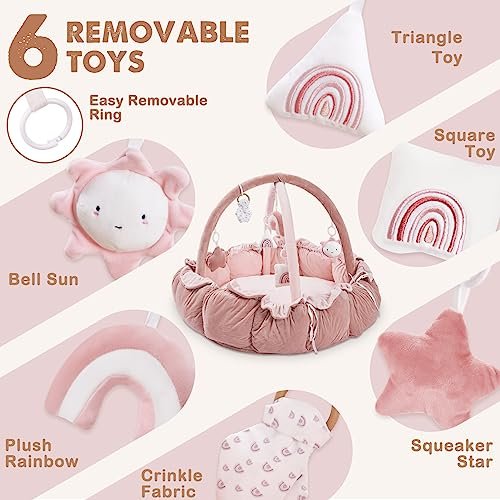 HAN-MM 5-in-1 Convertible Baby Play Gym with 6 Toys, Tummy Time Mat for Sensory Development, Baby Activity Center from Newborn to Toddler, Ball Pit, Cat & Dog Bed, Soft Plush Pet Bed, Pink