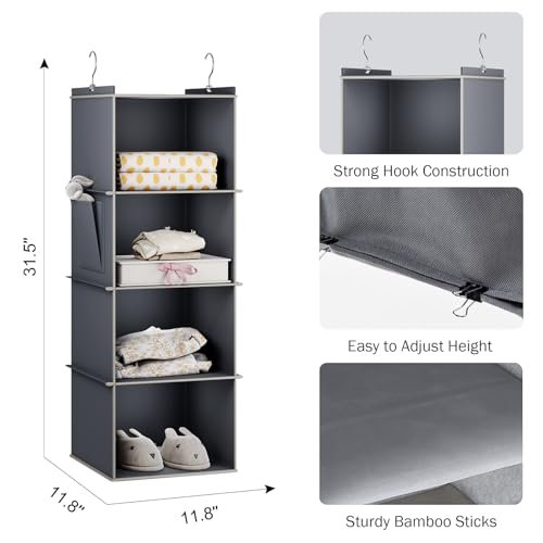 Hanging Closet Organizer, 4-Shelf Closet Hanging Storage Shelves, Grey