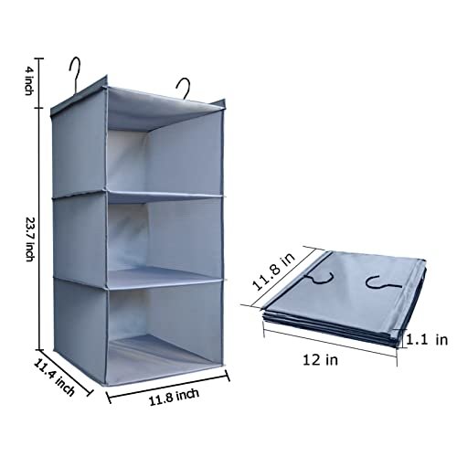 Hanging Closet Organizer and Storage 3-Shelf, Easy Mount Foldable Hanging Closet Wardrobe Storage Shelves, Clothes Handbag Shoes Accessories Storage, Washable Oxford Cloth Fabric, Gray