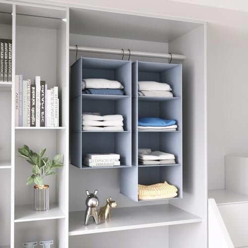 Hanging Closet Organizer and Storage 3-Shelf, Easy Mount Foldable Hanging Closet Wardrobe Storage Shelves, Clothes Handbag Shoes Accessories Storage, Washable Oxford Cloth Fabric, Gray