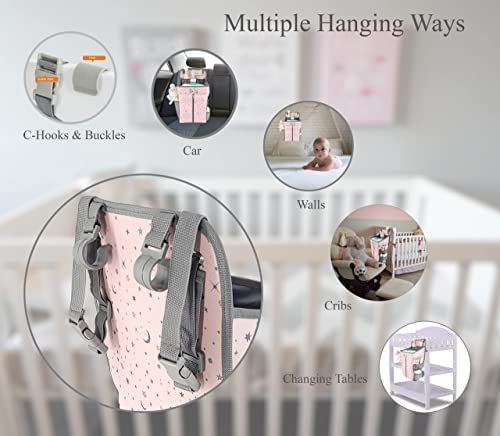 Hanging Diaper Caddy - Baby Diaper Organizer for Changing Table - Diaper Stacker for Crib, Playard or Wall - Newborn Diaper Holder (Pink)