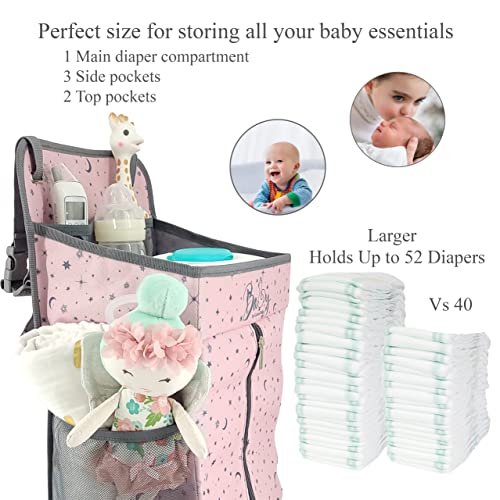 Hanging Diaper Caddy - Baby Diaper Organizer for Changing Table - Diaper Stacker for Crib, Playard or Wall - Newborn Diaper Holder (Pink)