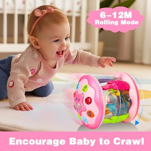Hapyland Baby Toys 6-12 Months Girl Gifts: Babies Ocean Rotating Light Up Musical Toys for Toddlers 1 2 Year Old Crawling Learning Infant Toy 6 7 8 9 10 11 12 Months Old Baby Girl Gift (Pink)