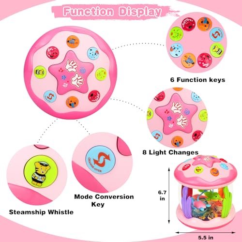 Hapyland Baby Toys 6-12 Months Girl Gifts: Babies Ocean Rotating Light Up Musical Toys for Toddlers 1 2 Year Old Crawling Learning Infant Toy 6 7 8 9 10 11 12 Months Old Baby Girl Gift (Pink)