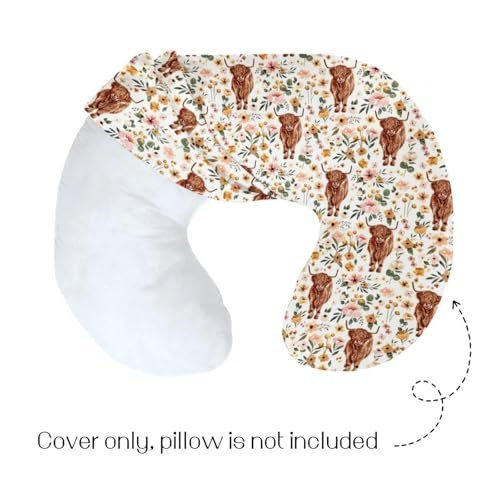 HawSkgFub Highland Cow Pink Floral Nursing Pillow Cover for Baby Girl, Boho Retro Flower Western Farm Animal Yak Breastfeeding Pillow Slipcover, Cow Lover Nursing Pillowcase Newborn Infant, Cover Only