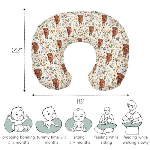 HawSkgFub Highland Cow Pink Floral Nursing Pillow Cover for Baby Girl, Boho Retro Flower Western Farm Animal Yak Breastfeeding Pillow Slipcover, Cow Lover Nursing Pillowcase Newborn Infant, Cover Only