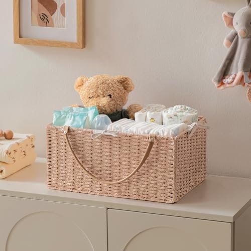 HBlife Large Baby Diaper Caddy Organizer Pink, Paper Rope Storage Baskets Nursery Bin with Removable Divider, Portable Car Organizer for Diapers, Baby Shower Gifts, Newborn Essentials Must Haves