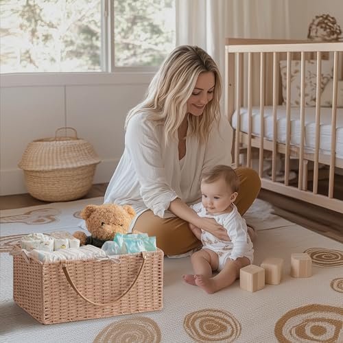 HBlife Large Baby Diaper Caddy Organizer Pink, Paper Rope Storage Baskets Nursery Bin with Removable Divider, Portable Car Organizer for Diapers, Baby Shower Gifts, Newborn Essentials Must Haves