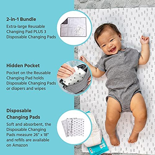 Healthy Habits by J.L. Childress Baby Changing Pad Bundle - Portable Padded Diaper Changing Pad with Pocket Plus 3 Disposable Changing Pads - Travel Changing Pads, Waterproof, Extra-Large - Grey