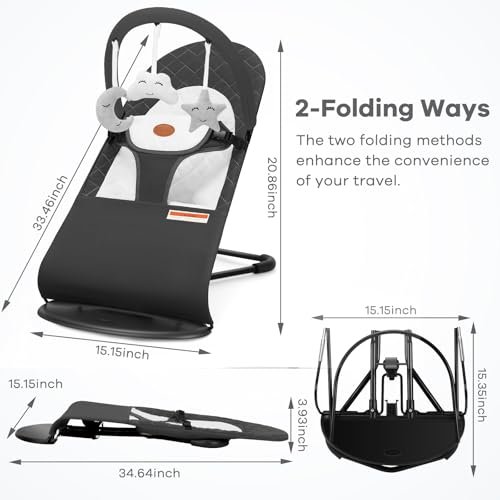 HKAI Baby Bouncer, Portable Baby Bouncer Seat for Babies 0-18 Months, 100% Cotton Fabrics, 3 Modes of use with Rocker and Stationary Options, Infant Rocker Chair with Hanging Toys-Dark Grey