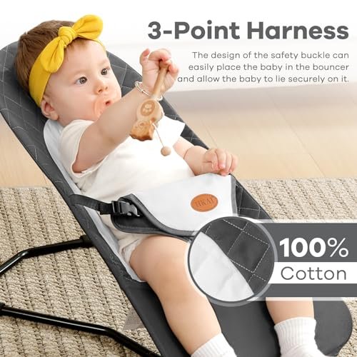 HKAI Baby Bouncer, Portable Baby Bouncer Seat for Babies 0-18 Months, 100% Cotton Fabrics, 3 Modes of use with Rocker and Stationary Options, Infant Rocker Chair with Hanging Toys-Dark Grey