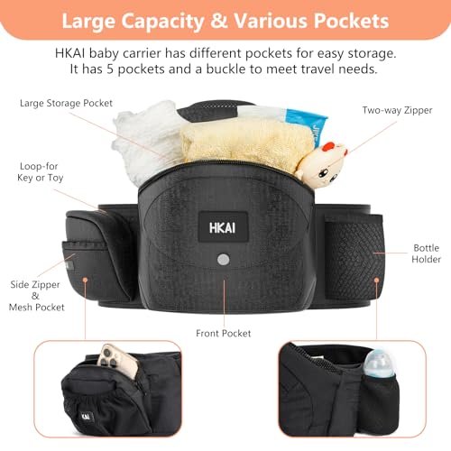 HKAI Baby Carrier Hip Seat, Mom’s Choice Award Winner, Advanced Large Capacity Pocket with Adjustable Waistband, Shock Absorption Hip Seat Surface for Newborns & Toddlers, (Black)