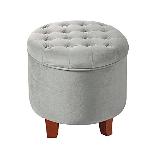 Homepop Home Decor | Upholstered Round Velvet Tufted Foot Rest Ottoman | Ottoman with Storage for Living Room & Bedroom | Decorative Home Furniture, Gray Small
