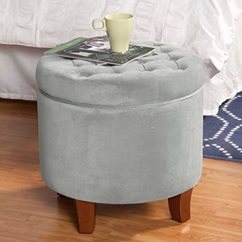 Homepop Home Decor | Upholstered Round Velvet Tufted Foot Rest Ottoman | Ottoman with Storage for Living Room & Bedroom | Decorative Home Furniture, Gray Small