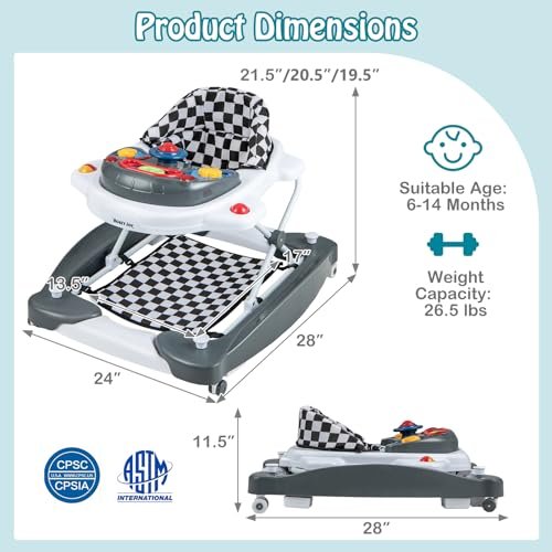 HONEY JOY Baby Walker, 6-in-1 Foldable Baby Walker and Bouncer Combo, Infant Activity Walker with Wheels, Adjustable Heights, Rocker, Music, Lights, Walker for Baby Boy Girl 7-14 Months (Gray)