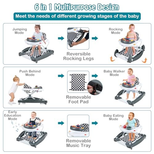 HONEY JOY Baby Walker, 6-in-1 Foldable Baby Walker and Bouncer Combo, Infant Activity Walker with Wheels, Adjustable Heights, Rocker, Music, Lights, Walker for Baby Boy Girl 7-14 Months (Gray)