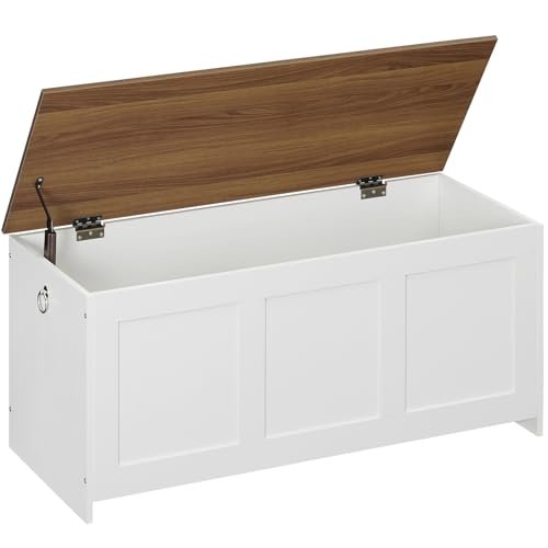 HOOBRO Storage Bench, 39.3" Retro Wooden Storage Chest, Wooden Storage Trunk, Toy Chest with Lift Top, Multifunctional Entryway Organizer, for Entryway, Living Room, White and Walnut WH141CW01