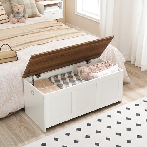 HOOBRO Storage Bench, 39.3" Retro Wooden Storage Chest, Wooden Storage Trunk, Toy Chest with Lift Top, Multifunctional Entryway Organizer, for Entryway, Living Room, White and Walnut WH141CW01