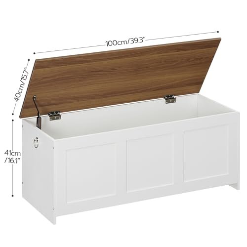 HOOBRO Storage Bench, 39.3" Retro Wooden Storage Chest, Wooden Storage Trunk, Toy Chest with Lift Top, Multifunctional Entryway Organizer, for Entryway, Living Room, White and Walnut WH141CW01