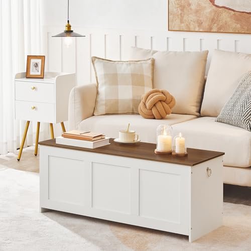 HOOBRO Storage Bench, 39.3" Retro Wooden Storage Chest, Wooden Storage Trunk, Toy Chest with Lift Top, Multifunctional Entryway Organizer, for Entryway, Living Room, White and Walnut WH141CW01
