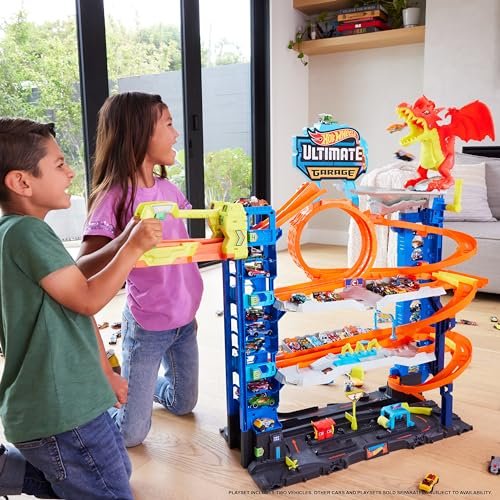 Hot Wheels City Ultimate Garage Playset with 2 Die-Cast Cars, Toy Storage for 50+ 1:64 Scale Cars, 4 Levels of Track Play, Defeat The Dragon