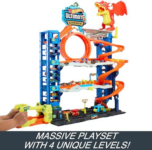 Hot Wheels City Ultimate Garage Playset with 2 Die-Cast Cars, Toy Storage for 50+ 1:64 Scale Cars, 4 Levels of Track Play, Defeat The Dragon
