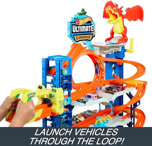 Hot Wheels City Ultimate Garage Playset with 2 Die-Cast Cars, Toy Storage for 50+ 1:64 Scale Cars, 4 Levels of Track Play, Defeat The Dragon