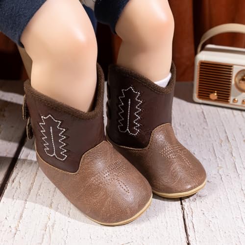 HsdsBebe Baby Boys Girls Western Cowboy Boots Infant Moccasins High Top Booties Toddler Soft Sole Non-Slip First Walker Crib Shoes