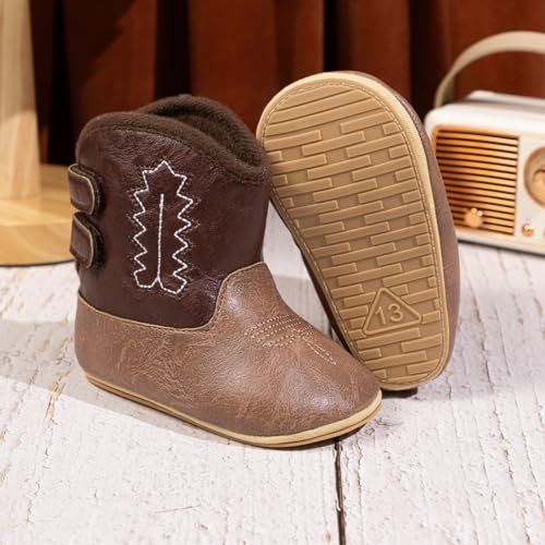 HsdsBebe Baby Boys Girls Western Cowboy Boots Infant Moccasins High Top Booties Toddler Soft Sole Non-Slip First Walker Crib Shoes