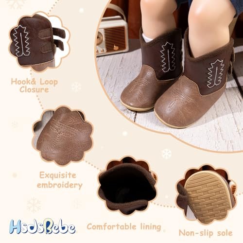 HsdsBebe Baby Boys Girls Western Cowboy Boots Infant Moccasins High Top Booties Toddler Soft Sole Non-Slip First Walker Crib Shoes