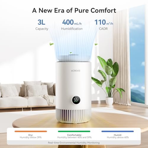 Humidifier and Air Purifier in One, Evaporative Humidifier and HEPA Air Purifier Combo for Bedroom, 0.8 Gal Water Tank Top Fill, 23dB Quite Mist-Free