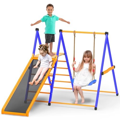 Indoor Playground Toddler Jungle Gym 4-in-1 Indoor Jungle Gym for Kids,Indoor Climber Playset with Swing Indoor Slide,Sturdy Metal Kids Indoor Playset