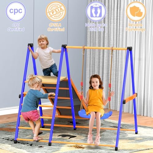 Indoor Playground Toddler Jungle Gym 4-in-1 Indoor Jungle Gym for Kids,Indoor Climber Playset with Swing Indoor Slide,Sturdy Metal Kids Indoor Playset