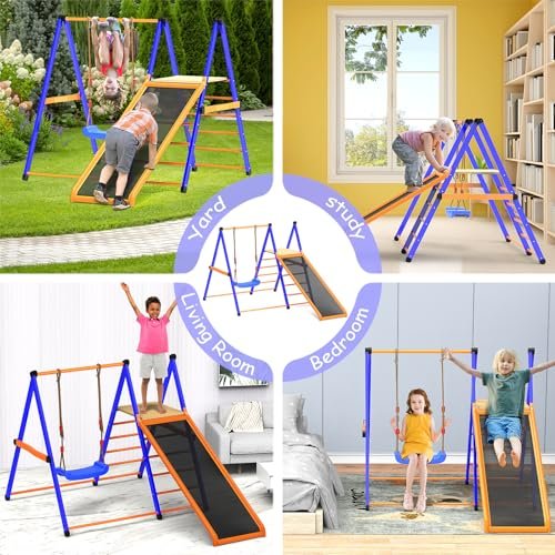 Indoor Playground Toddler Jungle Gym 4-in-1 Indoor Jungle Gym for Kids,Indoor Climber Playset with Swing Indoor Slide,Sturdy Metal Kids Indoor Playset