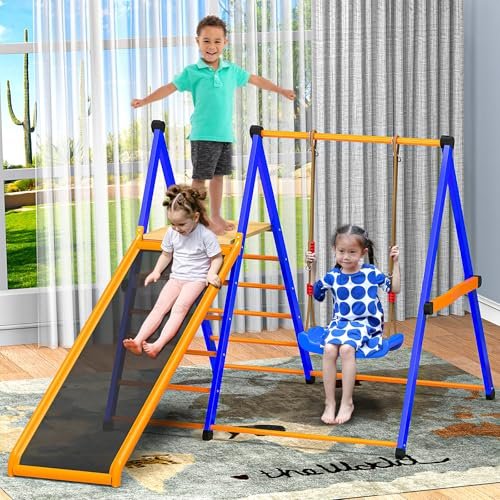 Indoor Playground Toddler Jungle Gym 4-in-1 Indoor Jungle Gym for Kids,Indoor Climber Playset with Swing Indoor Slide,Sturdy Metal Kids Indoor Playset