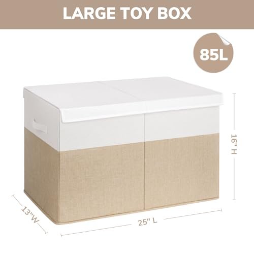 INDRESSME 25"x13"x16" Toy Box Toy Storage Organizer with Lid Collapsible Sturdy Toy Chest, Foldable Toy Bin for Living Room, Playroom, Bedroom, Toy Baskets Storage Kids, Boys, Girls (Beige & White)