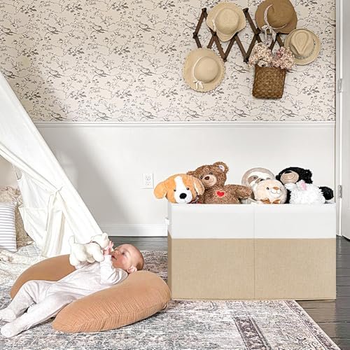 INDRESSME 25"x13"x16" Toy Box Toy Storage Organizer with Lid Collapsible Sturdy Toy Chest, Foldable Toy Bin for Living Room, Playroom, Bedroom, Toy Baskets Storage Kids, Boys, Girls (Beige & White)