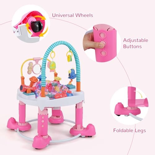 INFANS Baby Bouncer Activity Center, 5 in 1 Toddler Bouncing Activity Saucer Playtime Mat Activity Table with 360°Rotating Seat, 3 Adjustable Height, Foldable Exersaucer Learning Walker (Pink)