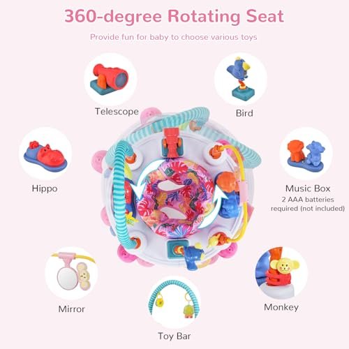 INFANS Baby Bouncer Activity Center, 5 in 1 Toddler Bouncing Activity Saucer Playtime Mat Activity Table with 360°Rotating Seat, 3 Adjustable Height, Foldable Exersaucer Learning Walker (Pink)