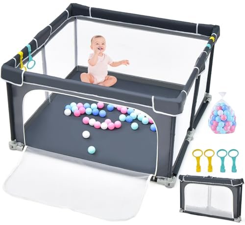 INFANS Baby Playpen, 50''x50'' Foldable Large Playard for Toddlers With Gate, Soft Visible Mesh, Indoor Outdoor Kids Activity Center Fence With 4 Handlers 50 Ocean Balls (Black)