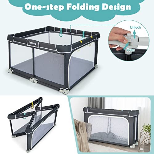 INFANS Baby Playpen, 50''x50'' Foldable Large Playard for Toddlers With Gate, Soft Visible Mesh, Indoor Outdoor Kids Activity Center Fence With 4 Handlers 50 Ocean Balls (Black)