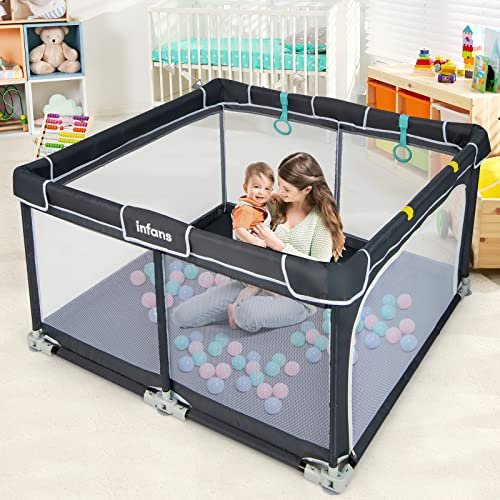 INFANS Baby Playpen, 50''x50'' Foldable Large Playard for Toddlers With Gate, Soft Visible Mesh, Indoor Outdoor Kids Activity Center Fence With 4 Handlers 50 Ocean Balls (Black)