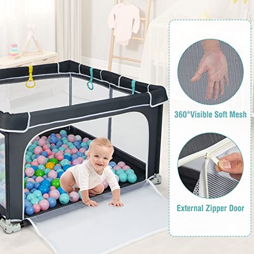 INFANS Baby Playpen, 50''x50'' Foldable Large Playard for Toddlers With Gate, Soft Visible Mesh, Indoor Outdoor Kids Activity Center Fence With 4 Handlers 50 Ocean Balls (Black)