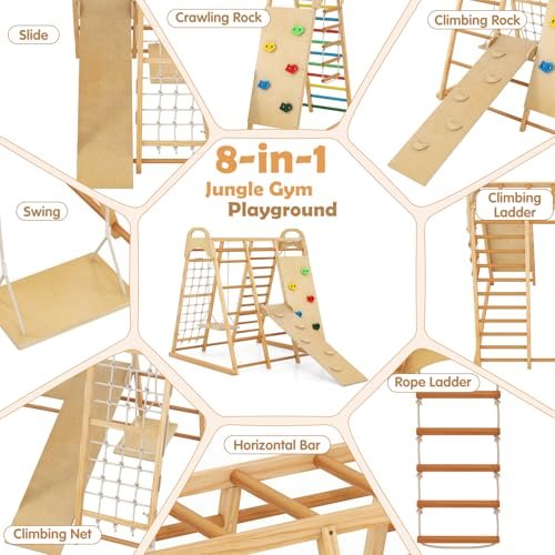 INFANS Indoor Jungle Gym, 8 in 1 Kids Montessori Indoor Playground Climbing Playset for Toddlers with Slide Swing Net Monkey Bars Rope Ladder, Wood Climber Toys for Boys Girls