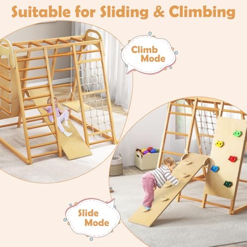 INFANS Indoor Jungle Gym, 8 in 1 Kids Montessori Indoor Playground Climbing Playset for Toddlers with Slide Swing Net Monkey Bars Rope Ladder, Wood Climber Toys for Boys Girls