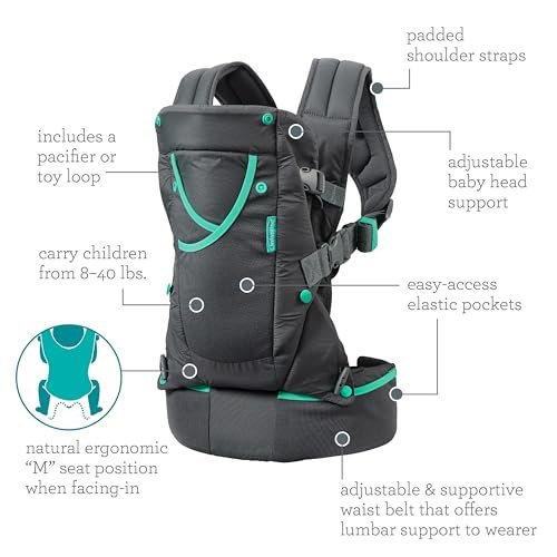Infantino Carry On Active Baby Carrier, Ergonomic Multi-Pocket Baby Carrier for Newborn to Toddler 8-40 lbs with Padded Straps, Lumbar Belt Storage & Pacifier Loop, Registry Essential, Gray