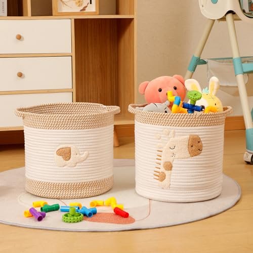 INough Toy Storage Baskets Woven Cotton Rope Storage Basket for Kids, Blanket Baskets for Living Room Toys Organizer with Embroidery Decor, Cute Baskets with Handle for Nursery, Playroom (Giraffe)
