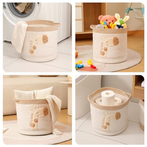 INough Toy Storage Baskets Woven Cotton Rope Storage Basket for Kids, Blanket Baskets for Living Room Toys Organizer with Embroidery Decor, Cute Baskets with Handle for Nursery, Playroom (Giraffe)