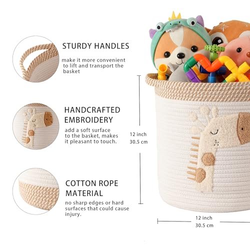 INough Toy Storage Baskets Woven Cotton Rope Storage Basket for Kids, Blanket Baskets for Living Room Toys Organizer with Embroidery Decor, Cute Baskets with Handle for Nursery, Playroom (Giraffe)